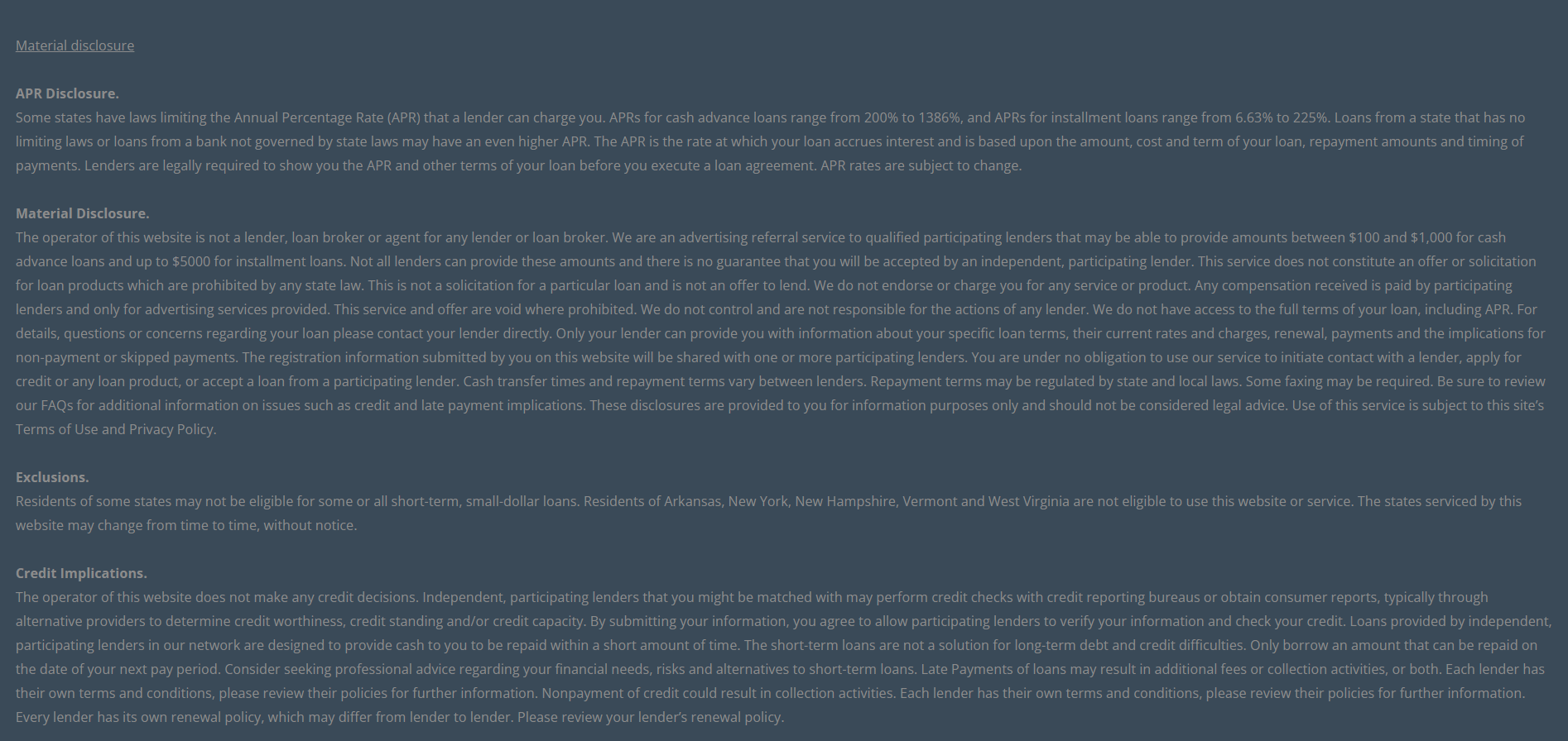 Material disclosure for payday loans in Westminster Colorado